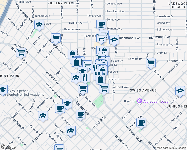 map of restaurants, bars, coffee shops, grocery stores, and more near 1800 North Henderson Avenue in Dallas