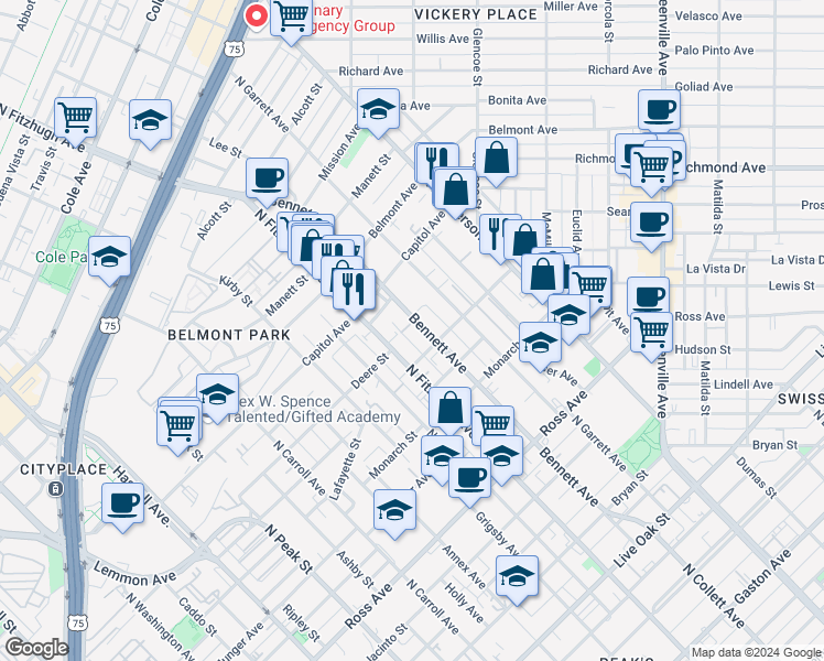 map of restaurants, bars, coffee shops, grocery stores, and more near 4977 Zuma Court in Dallas