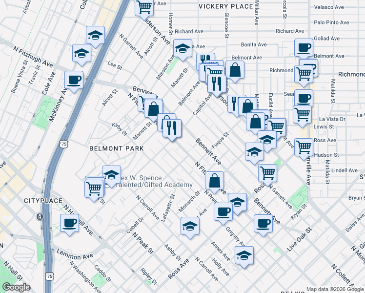 map of restaurants, bars, coffee shops, grocery stores, and more near 2306 North Fitzhugh Avenue in Dallas