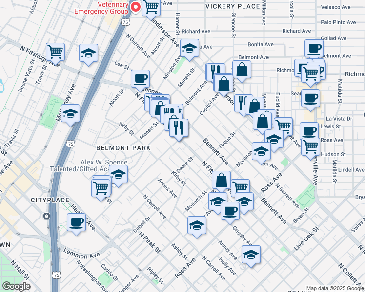 map of restaurants, bars, coffee shops, grocery stores, and more near 2306 North Fitzhugh Avenue in Dallas