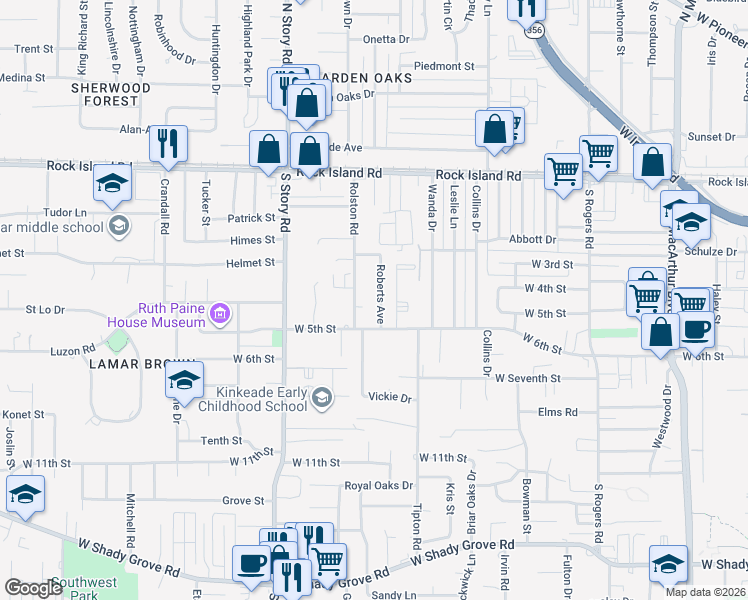 map of restaurants, bars, coffee shops, grocery stores, and more near 402 Roberts Avenue in Irving