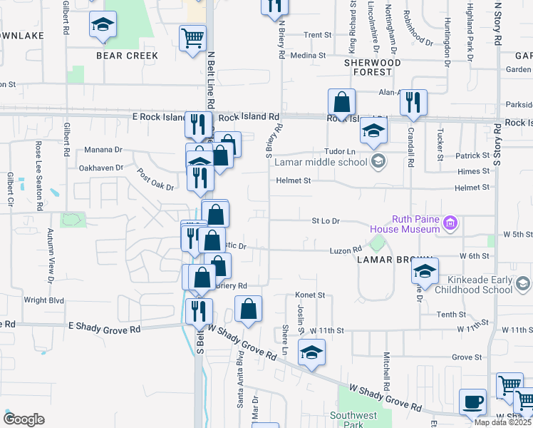 map of restaurants, bars, coffee shops, grocery stores, and more near 3224 Kathy Lane in Irving