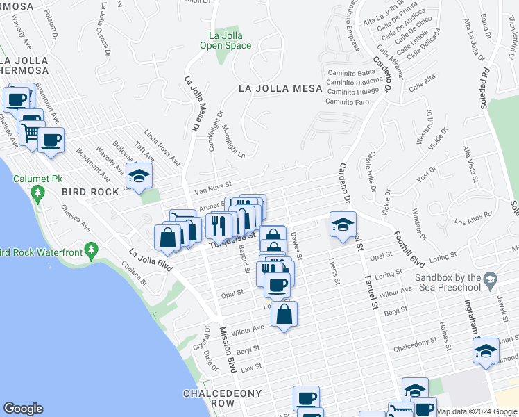 map of restaurants, bars, coffee shops, grocery stores, and more near 5255 Cass Street in San Diego