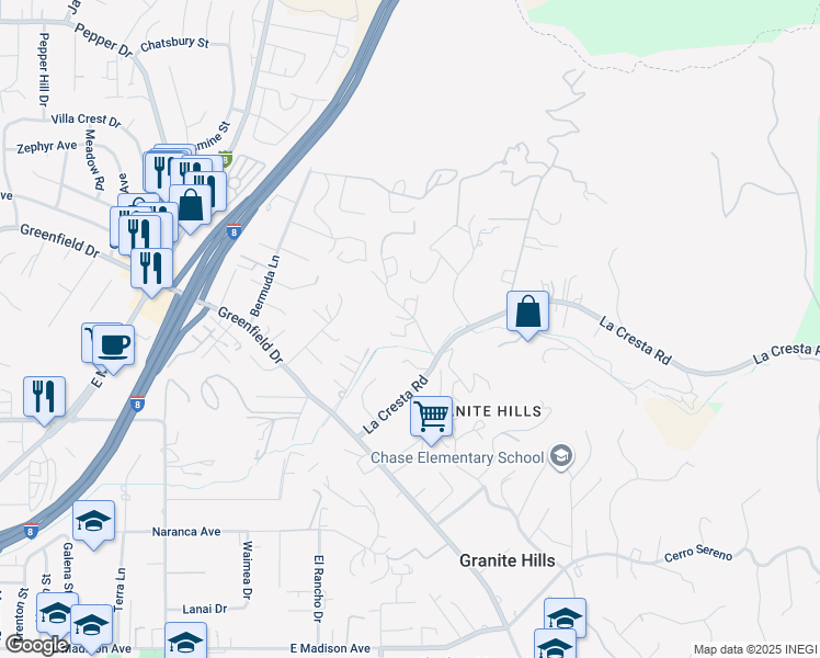 map of restaurants, bars, coffee shops, grocery stores, and more near 1971 Flume Drive in El Cajon