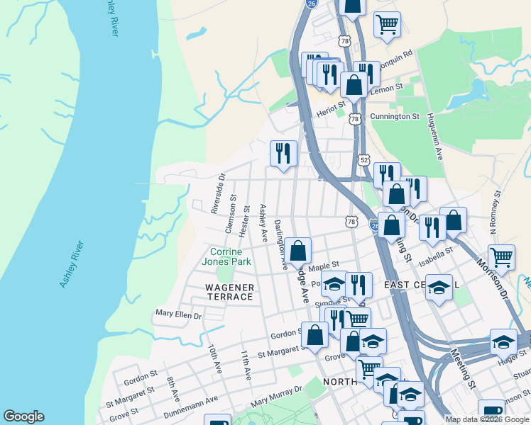 map of restaurants, bars, coffee shops, grocery stores, and more near 131 Darlington Avenue in Charleston
