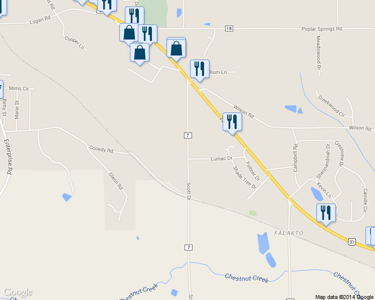 map of restaurants, bars, coffee shops, grocery stores, and more near 828 Scott Drive in Clanton