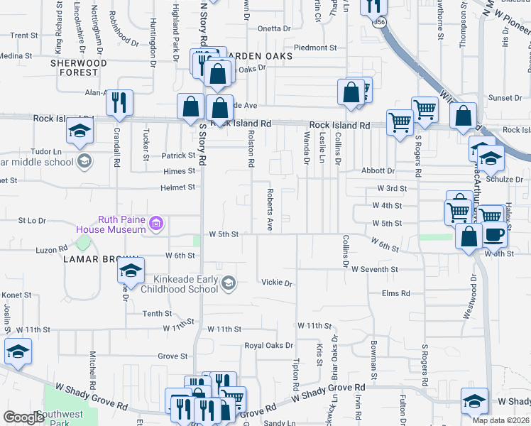 map of restaurants, bars, coffee shops, grocery stores, and more near 402 Roberts Avenue in Irving