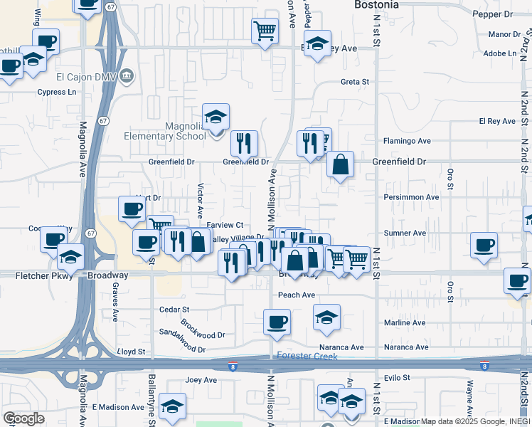 map of restaurants, bars, coffee shops, grocery stores, and more near 1100 North Mollison Avenue in El Cajon