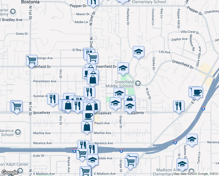 map of restaurants, bars, coffee shops, grocery stores, and more near 1355 Bluebell Way in El Cajon