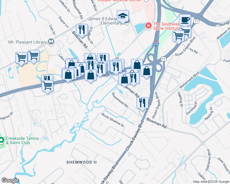 map of restaurants, bars, coffee shops, grocery stores, and more near 1096 Rosemead Road in Mount Pleasant