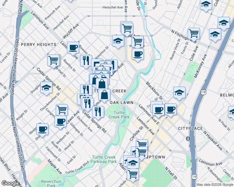 map of restaurants, bars, coffee shops, grocery stores, and more near 3505 Turtle Creek Boulevard in Dallas