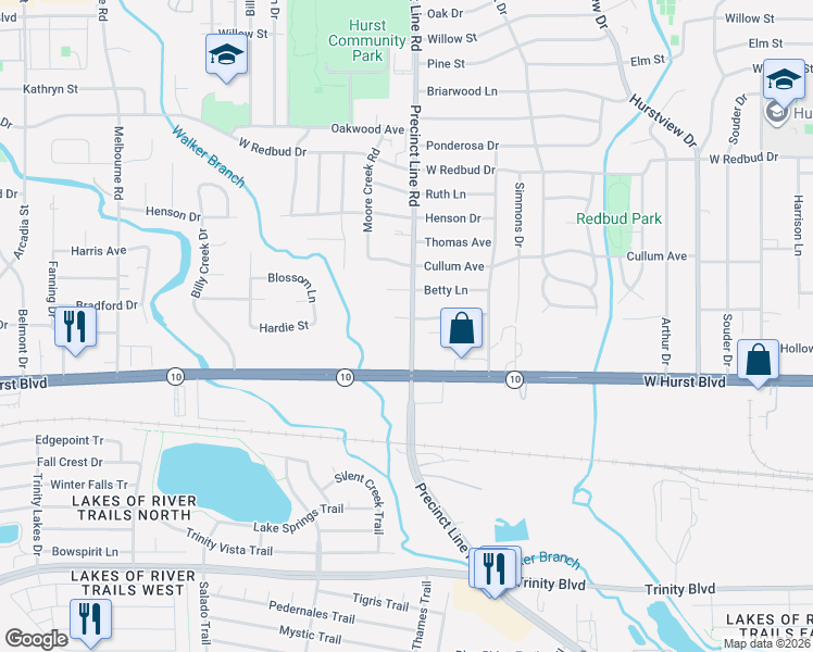 map of restaurants, bars, coffee shops, grocery stores, and more near 784 Treadwell Drive in Hurst