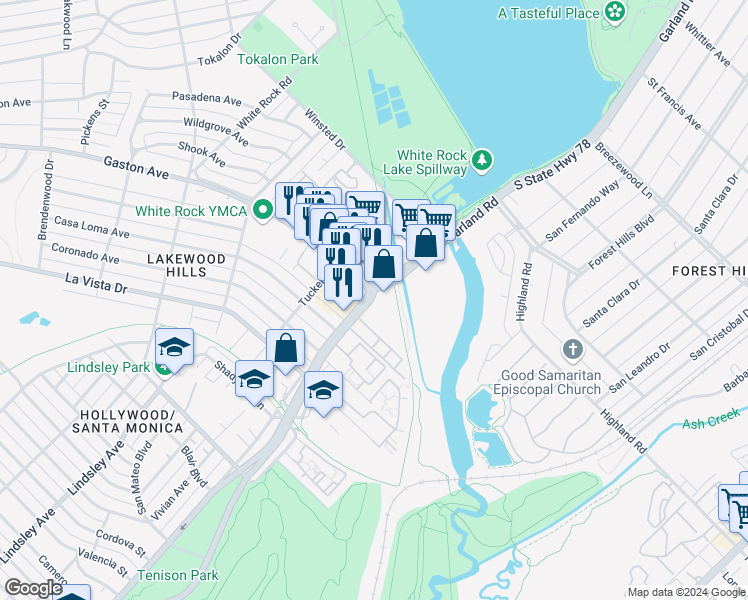 map of restaurants, bars, coffee shops, grocery stores, and more near Garland Road & Gaston Avenue in Dallas