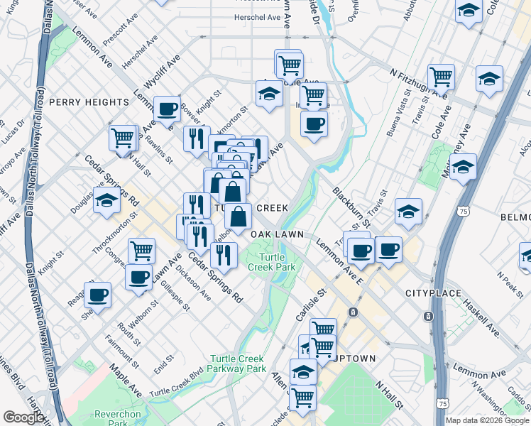 map of restaurants, bars, coffee shops, grocery stores, and more near 3505 Turtle Creek Boulevard in Dallas