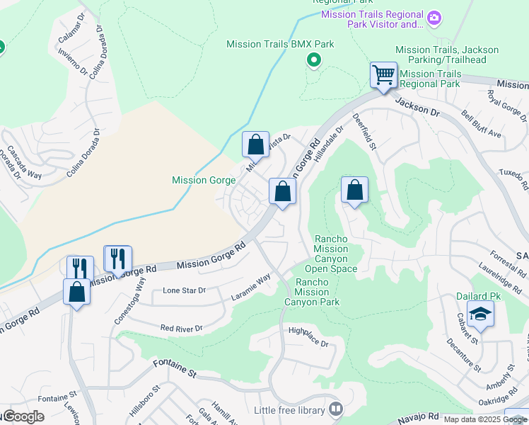 map of restaurants, bars, coffee shops, grocery stores, and more near 3568 Mission Mesa Way in San Diego