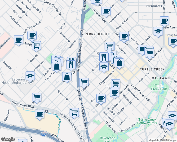 map of restaurants, bars, coffee shops, grocery stores, and more near 4300 Congress Avenue in Dallas
