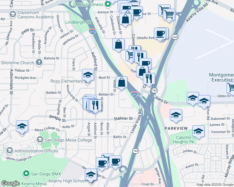 map of restaurants, bars, coffee shops, grocery stores, and more near 3703 Budd Street in San Diego