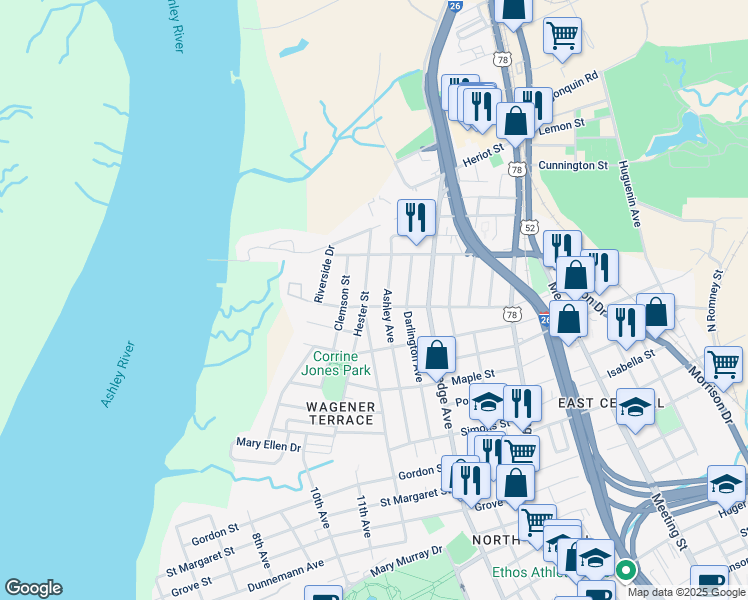 map of restaurants, bars, coffee shops, grocery stores, and more near 146 Sans Souci Street in Charleston