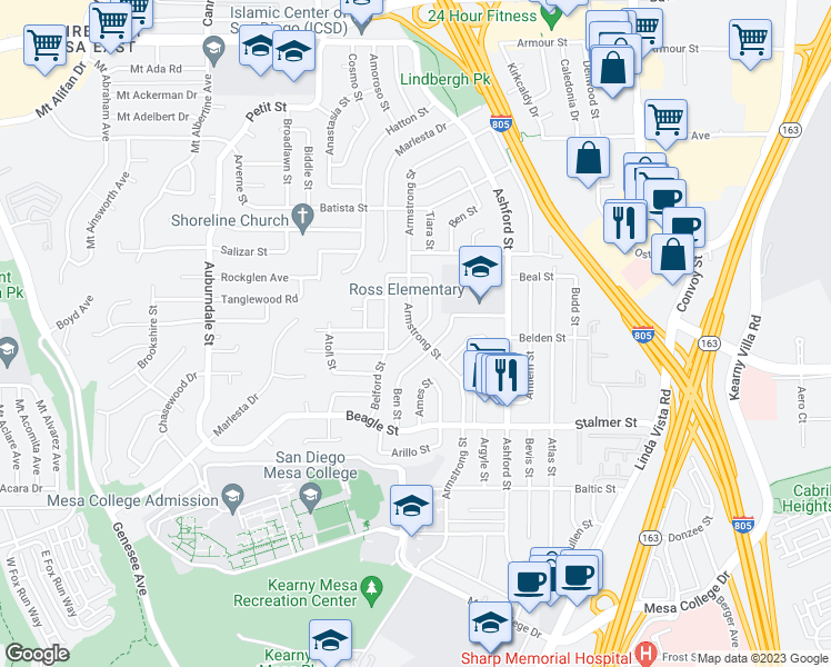 map of restaurants, bars, coffee shops, grocery stores, and more near Armstrong Street & Blix Street in San Diego