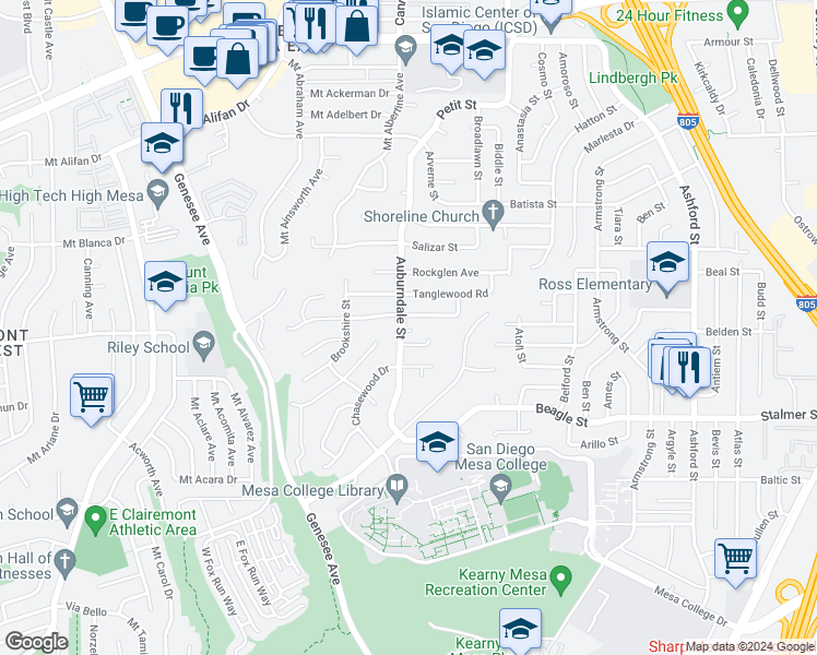 map of restaurants, bars, coffee shops, grocery stores, and more near 6707 Thornwood Street in San Diego