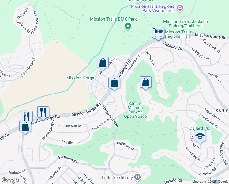 map of restaurants, bars, coffee shops, grocery stores, and more near 7811 Mission Gorge Road in San Diego