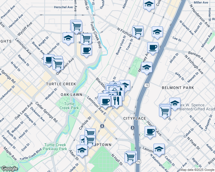 map of restaurants, bars, coffee shops, grocery stores, and more near 3312 Blackburn Street in Dallas