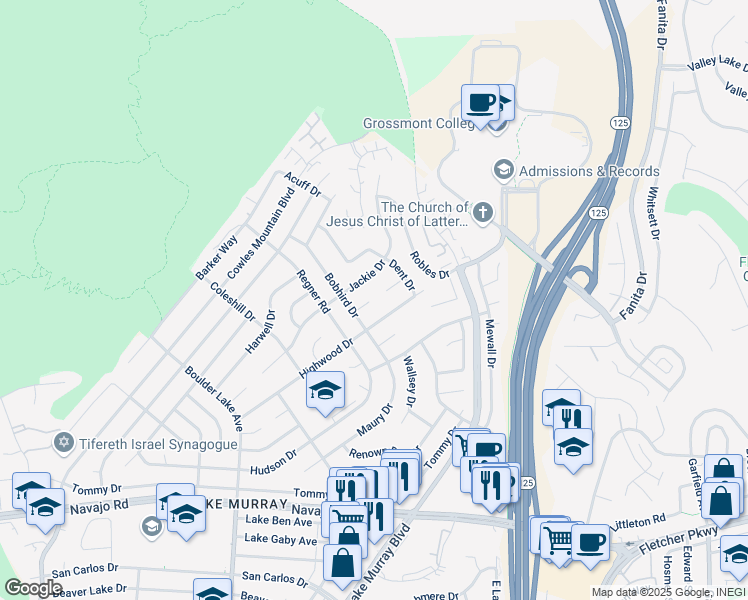 map of restaurants, bars, coffee shops, grocery stores, and more near 8644 Frazier Drive in San Diego
