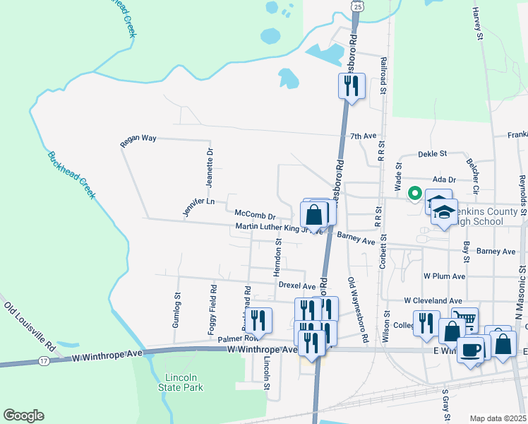 map of restaurants, bars, coffee shops, grocery stores, and more near 329 McComb Drive in Millen