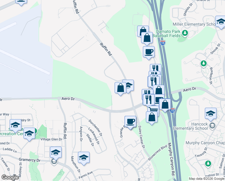 map of restaurants, bars, coffee shops, grocery stores, and more near 3710 Ruffin Road in San Diego