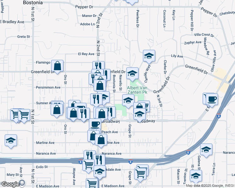 map of restaurants, bars, coffee shops, grocery stores, and more near 1355 Bluebell Way in El Cajon