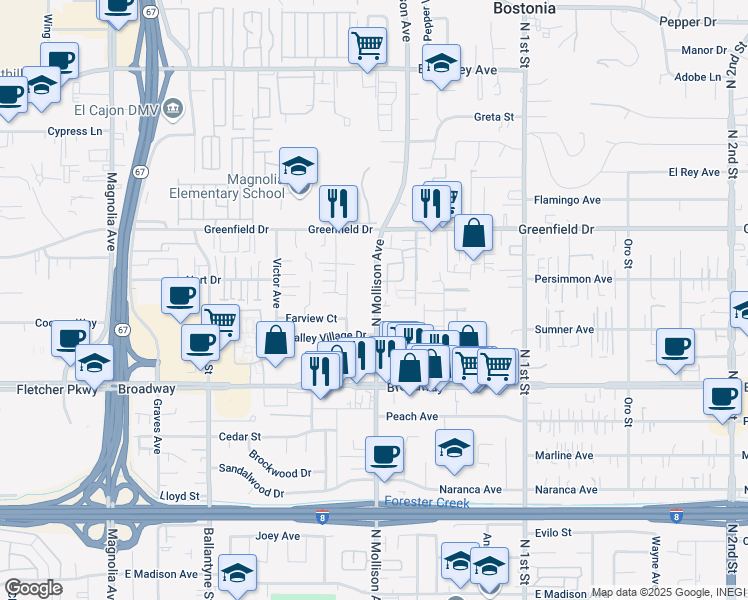 map of restaurants, bars, coffee shops, grocery stores, and more near 1165 North Mollison Avenue in El Cajon