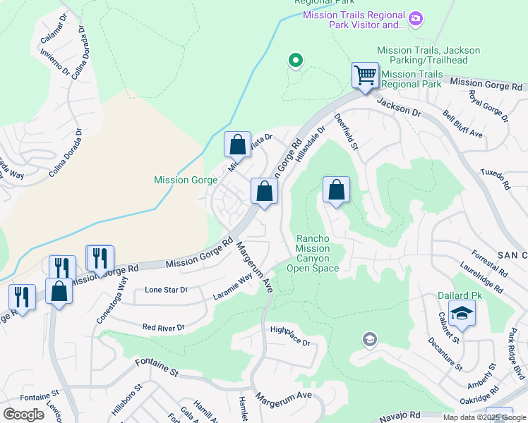 map of restaurants, bars, coffee shops, grocery stores, and more near 7811 Mission Gorge Road in San Diego