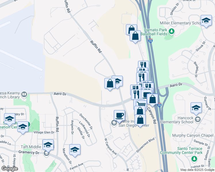 map of restaurants, bars, coffee shops, grocery stores, and more near 3704 Ruffin Rd in San Diego