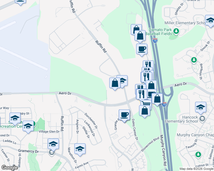 map of restaurants, bars, coffee shops, grocery stores, and more near 3704 Ruffin Rd in San Diego