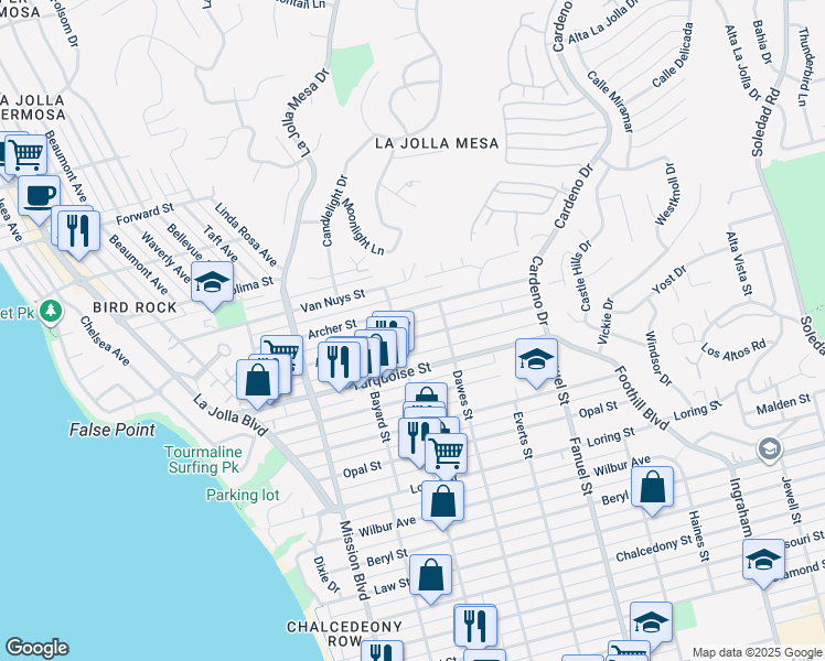 map of restaurants, bars, coffee shops, grocery stores, and more near 1044 Agate Street in San Diego