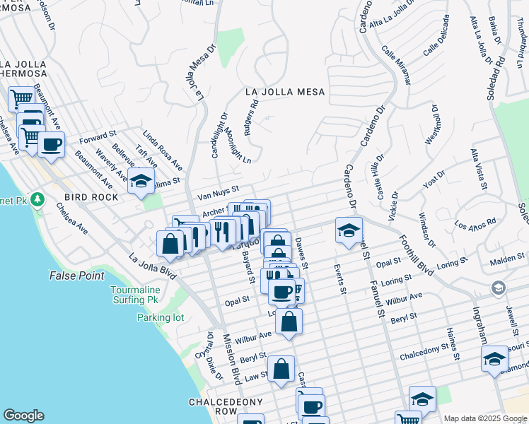 map of restaurants, bars, coffee shops, grocery stores, and more near 1044 Agate Street in San Diego