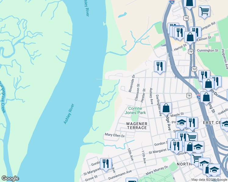 map of restaurants, bars, coffee shops, grocery stores, and more near 203 Sans Souci Street in Charleston