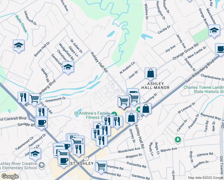 map of restaurants, bars, coffee shops, grocery stores, and more near 357 North Woodmere Drive in Charleston