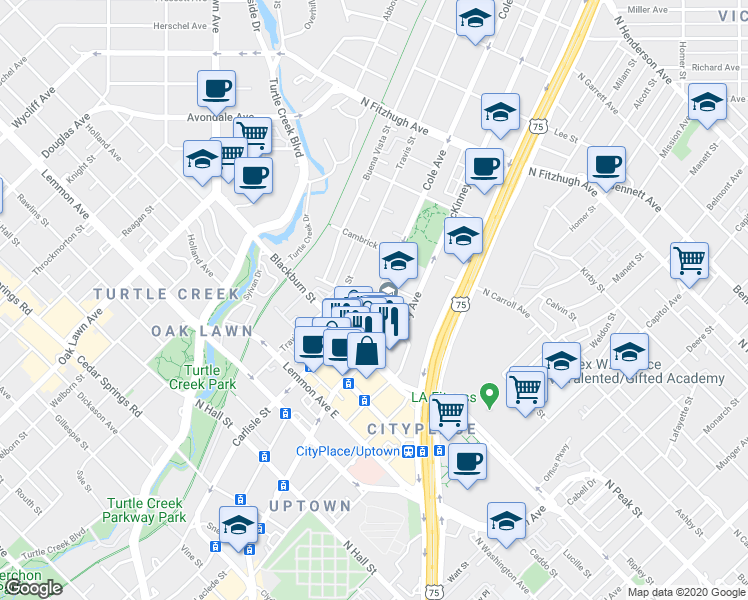 map of restaurants, bars, coffee shops, grocery stores, and more near 3905 Cole Avenue in Dallas