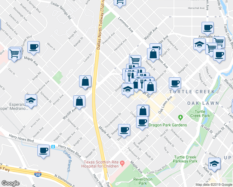 map of restaurants, bars, coffee shops, grocery stores, and more near 2800 Douglas Avenue in Dallas