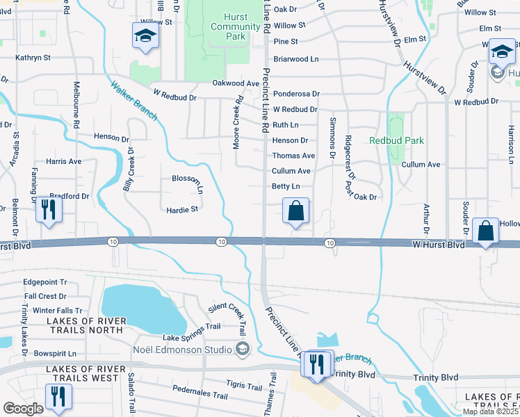 map of restaurants, bars, coffee shops, grocery stores, and more near 784 Treadwell Drive in Hurst