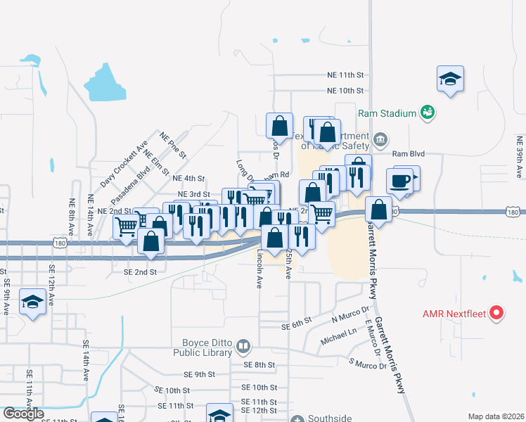 map of restaurants, bars, coffee shops, grocery stores, and more near 2758 Northeast 2nd Street in Mineral Wells