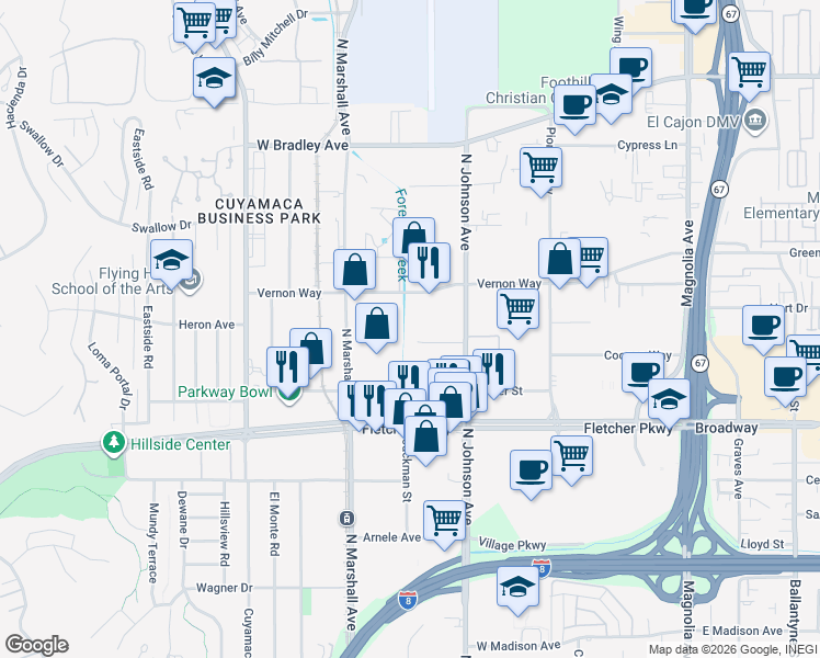map of restaurants, bars, coffee shops, grocery stores, and more near 856 Gable Way in El Cajon