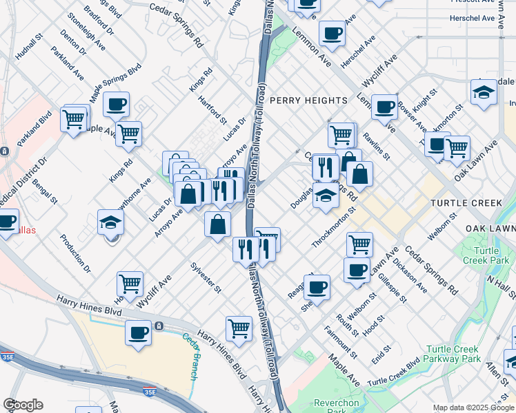 map of restaurants, bars, coffee shops, grocery stores, and more near 4330 Brown Street in Dallas