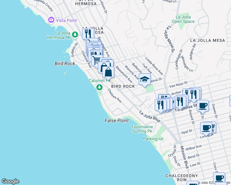 map of restaurants, bars, coffee shops, grocery stores, and more near 5410 La Jolla Boulevard in San Diego