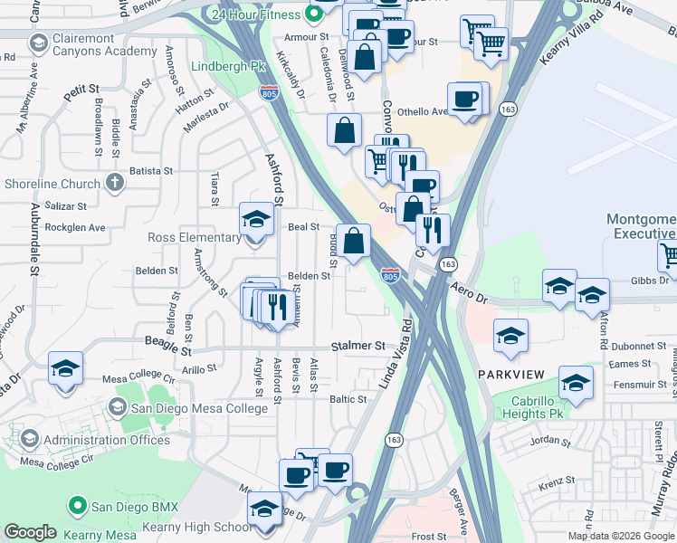 map of restaurants, bars, coffee shops, grocery stores, and more near 3703 Budd Street in San Diego