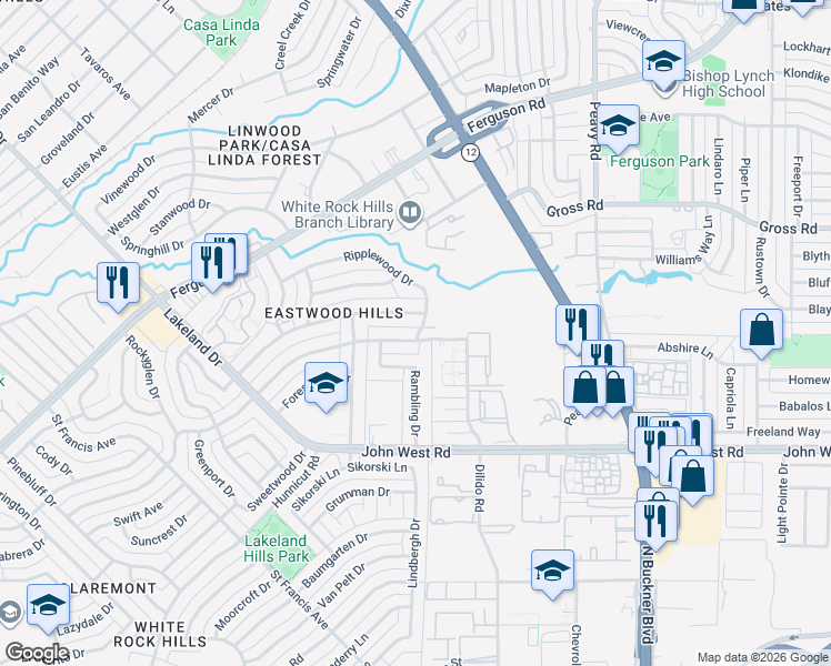 map of restaurants, bars, coffee shops, grocery stores, and more near 9135 Sweetwater Drive in Dallas