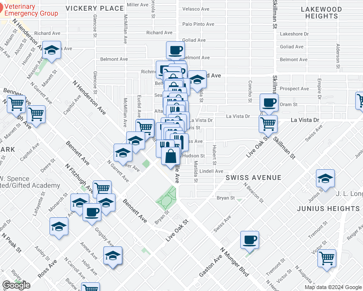 map of restaurants, bars, coffee shops, grocery stores, and more near 1612 Greenville Avenue in Dallas