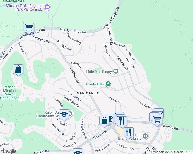 map of restaurants, bars, coffee shops, grocery stores, and more near 6757 Bestwood Court in San Diego