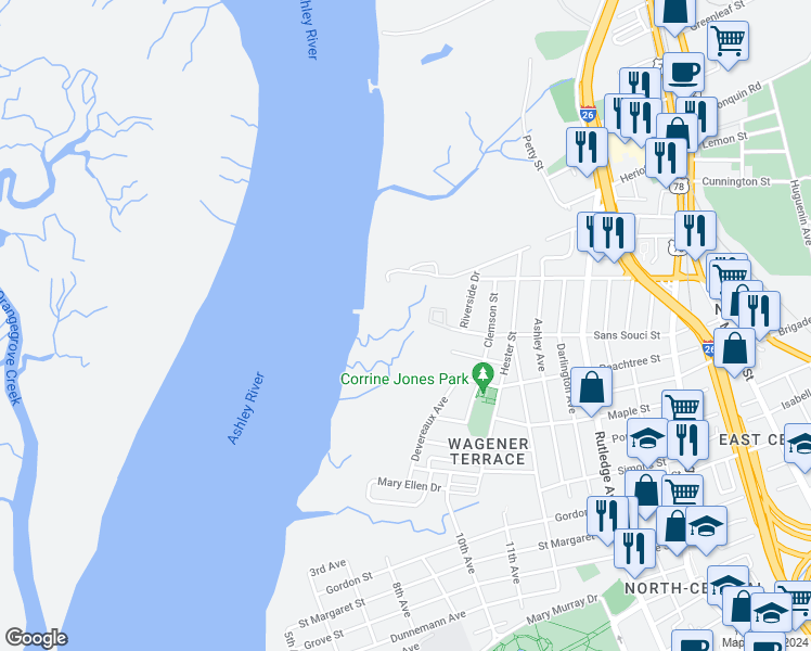 map of restaurants, bars, coffee shops, grocery stores, and more near 203 Sans Souci Street in Charleston